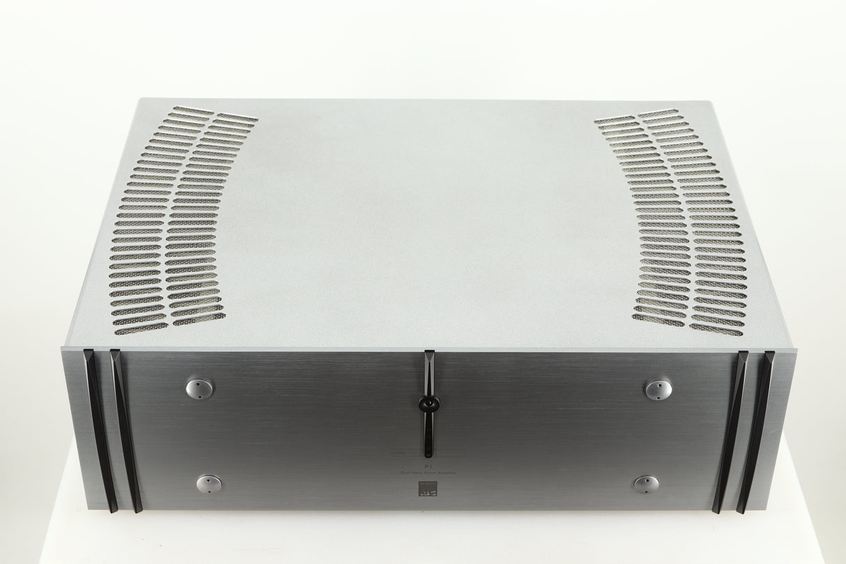 Top view of a used ATC P1 Power Amplifier in silver finish