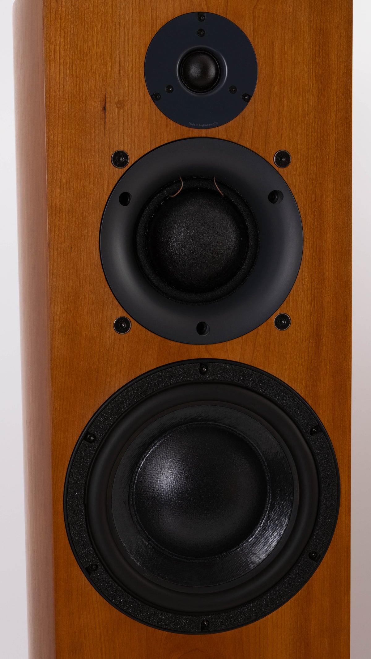 Close up of a used ATC SCM40 Floorstanding Speaker in a Cherry finish showing tweeter and woofers