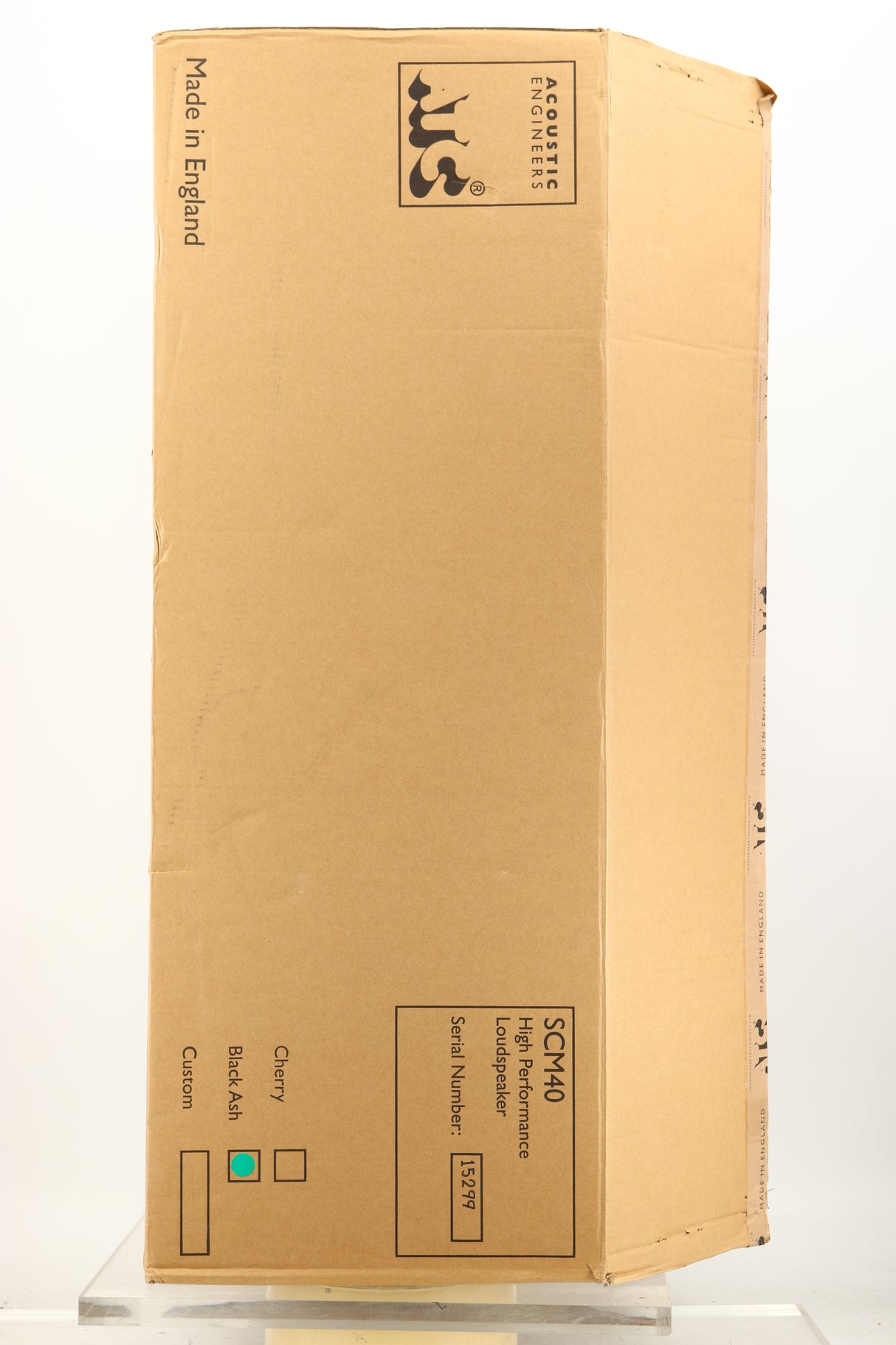 Box of a used ATC SCM40 Floorstanding Speaker in Black Ash finish