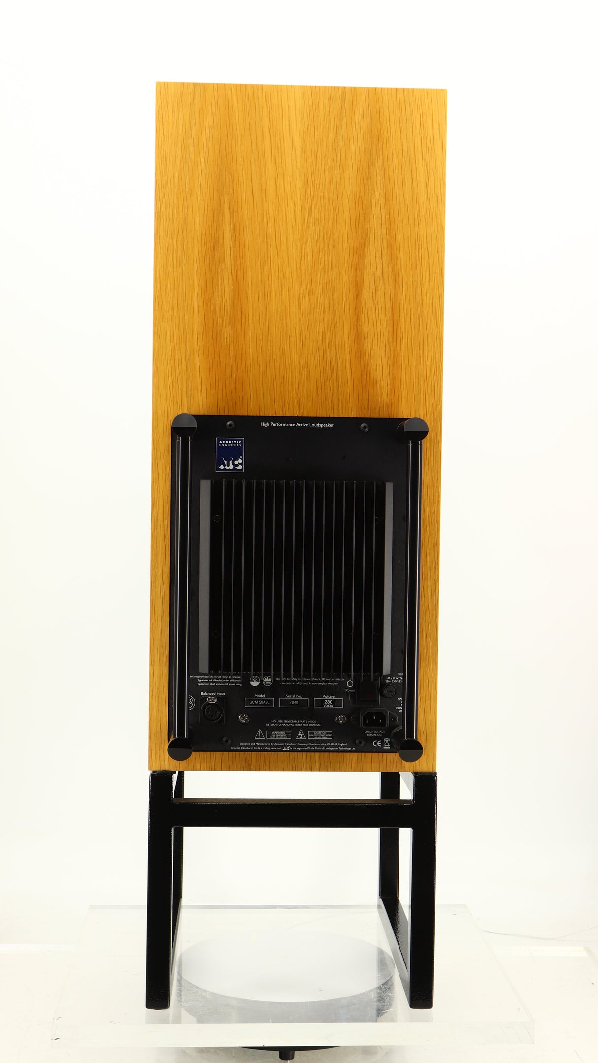 Rear view of a used ATC SCM50SL Active Classic Standmount Speaker in a oak finish