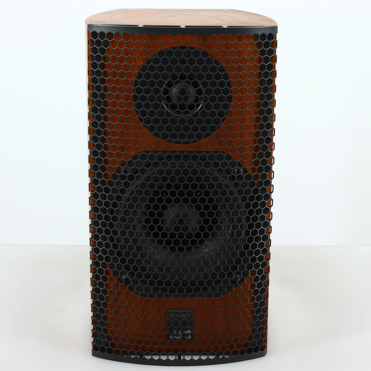 Front view of a used ATC SCM7 Standmount Speaker in a cherry finish showing the grille