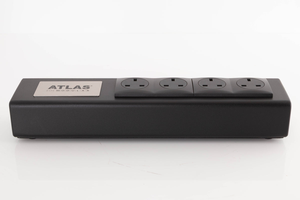 Front view of a used Atlas EOS Modular 4-Way Mains Block in a Black finish