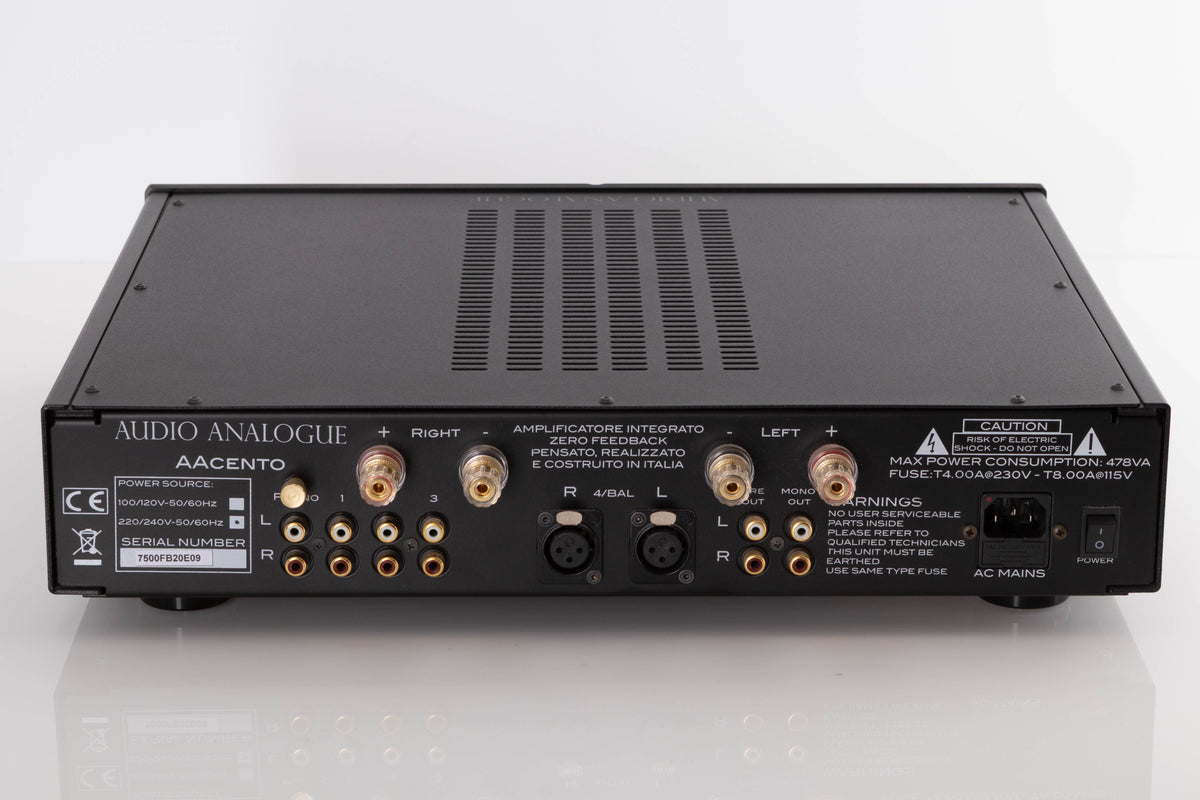 Rear view of a used Audio Analogue AACento Integrated Amplifier in a Black finish showing Mains Input, Phono Input, Phono Outputs and XLR Inputs