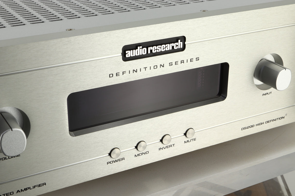 Close up view of a used Audio Research DSi200 Integrated Amplifier in silver finish showing the display