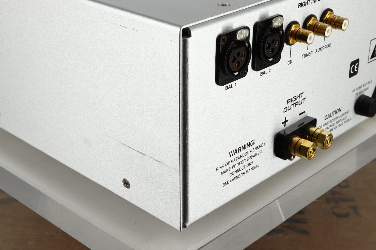 Rear left corner view of a used Audio Research DSi200 Integrated Amplifier in silver finish