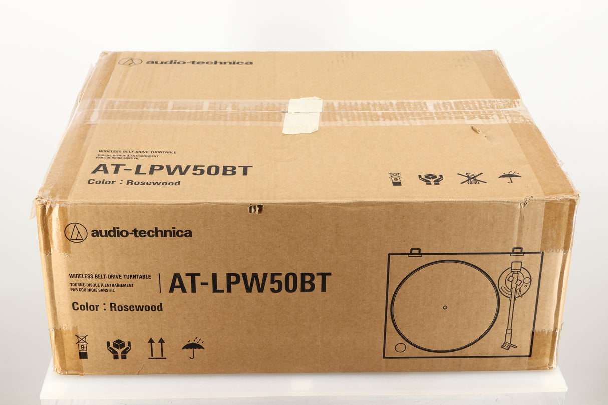 Box of a used Audio Technica AT-LPW50BT Turntable in Rosewood finish