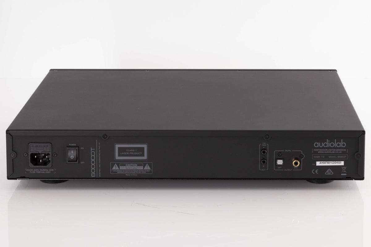 Rear view of a used Audiolab 6000CDT CD Transport in a Black finish showing Mains Input, Optical Output and Digital Output