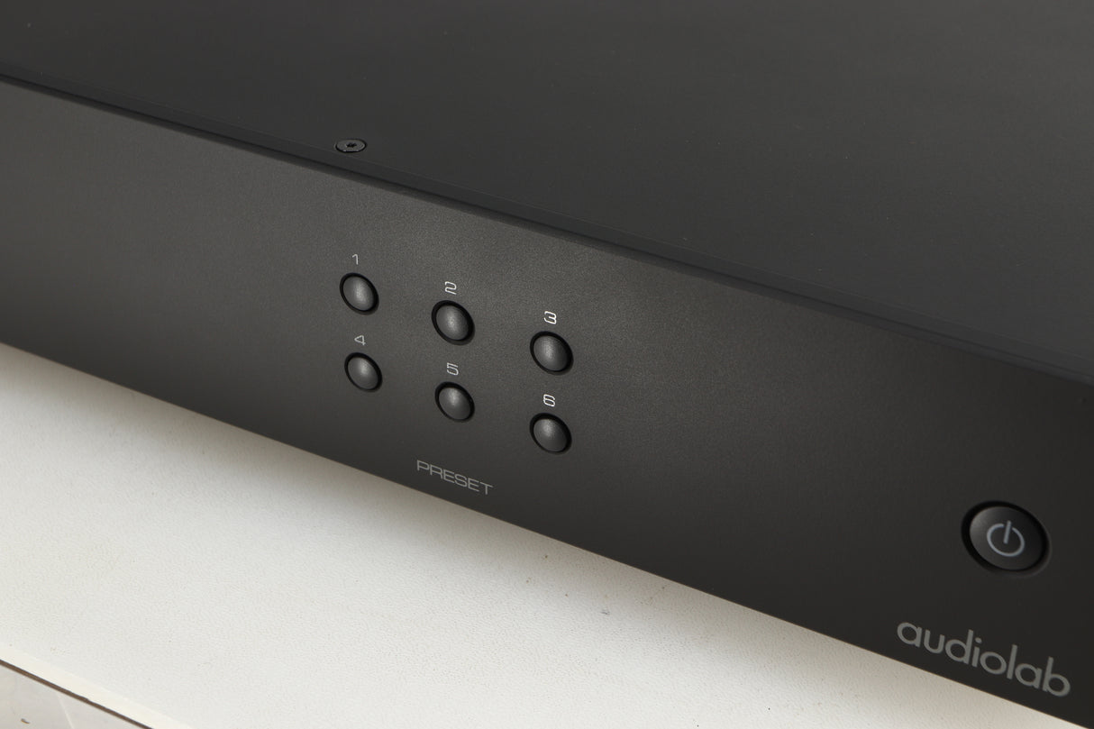 Close up of a used Audiolab 6000N Network Streamer in a black finish showing some of the fascia