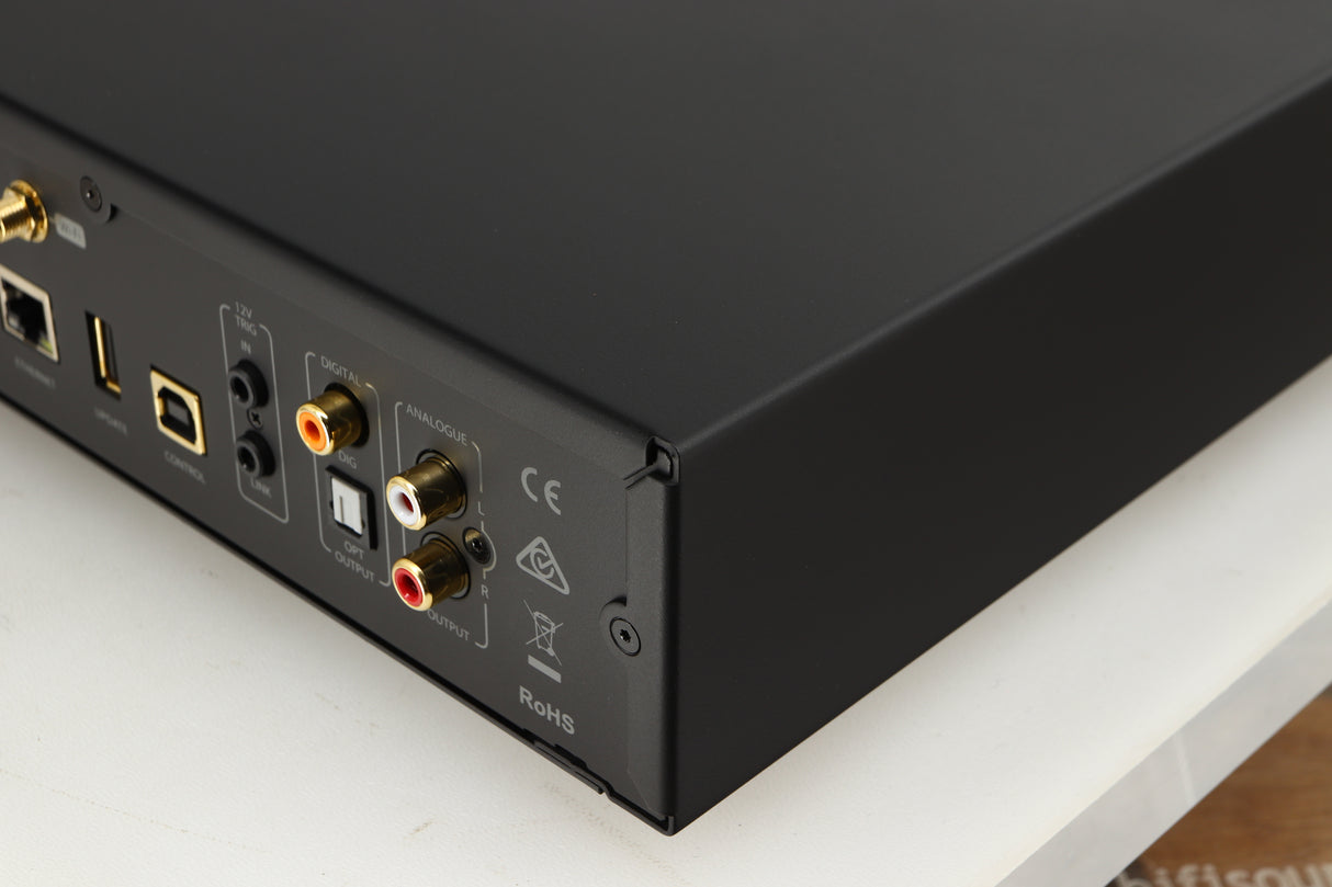 Rear left corner of a used Audiolab 6000N Network Streamer in a black finish