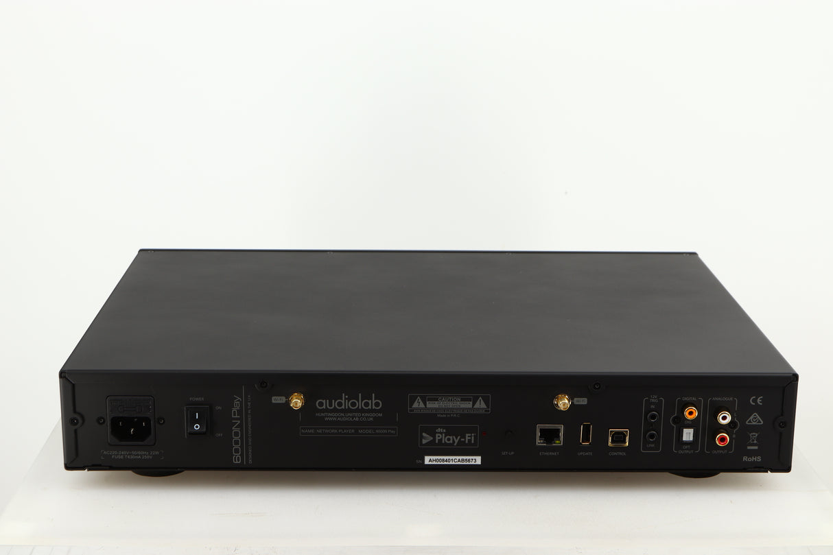 Rear view of a used Audiolab 6000N Network Streamer in a black finish showing Mains Input, Ethernet Input, Optical Output, USB Input and Phono Outputs