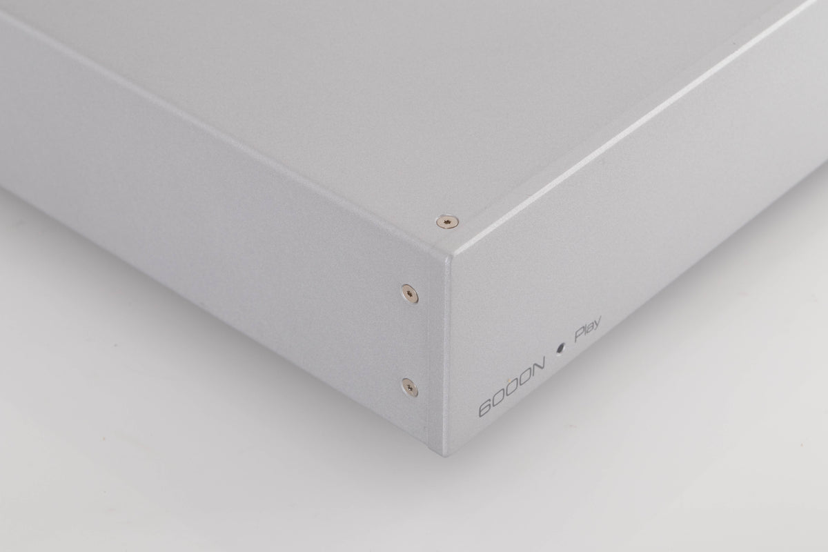 Front left corner of a used Audiolab 6000N Play Network Streamer in a Silver finish