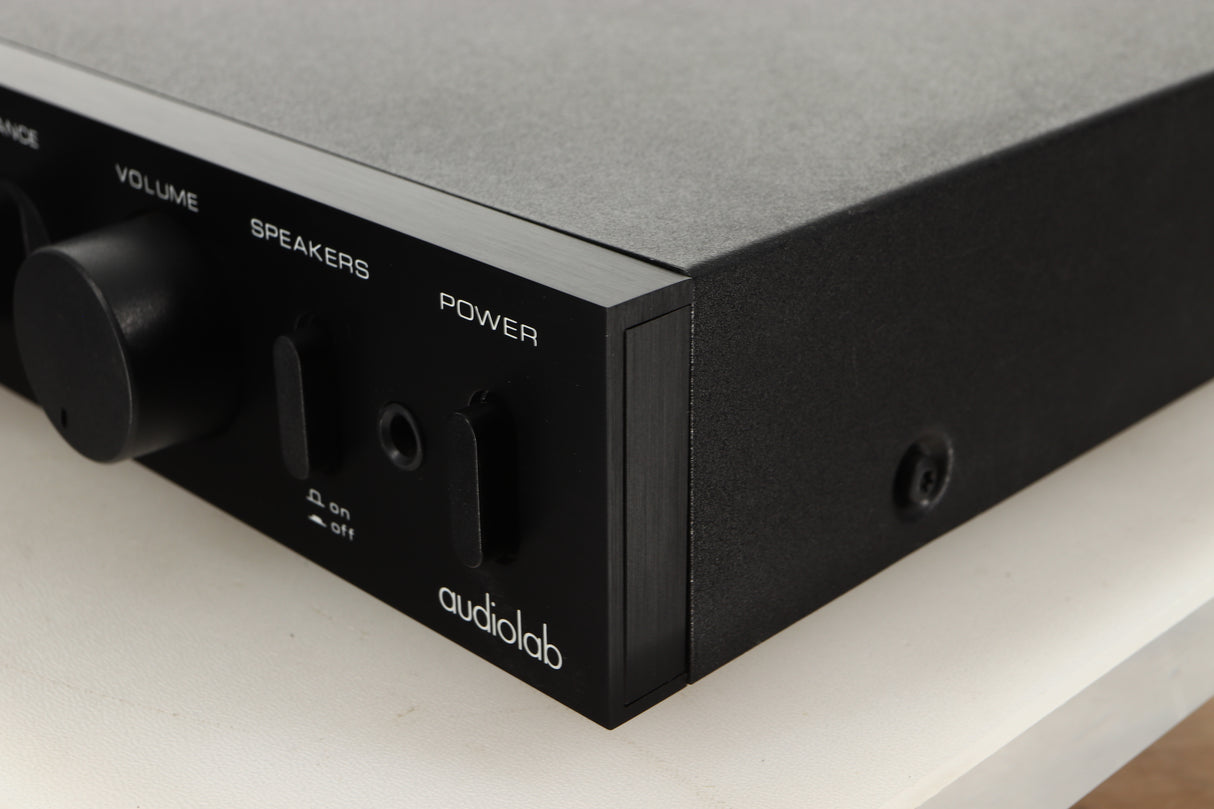 Front right corner view of a used Audiolab 8000A Integrated Amplifier in Black finish