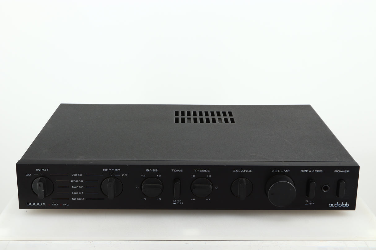 Front view of a used Audiolab 8000A Integrated Amplifier in a black finish