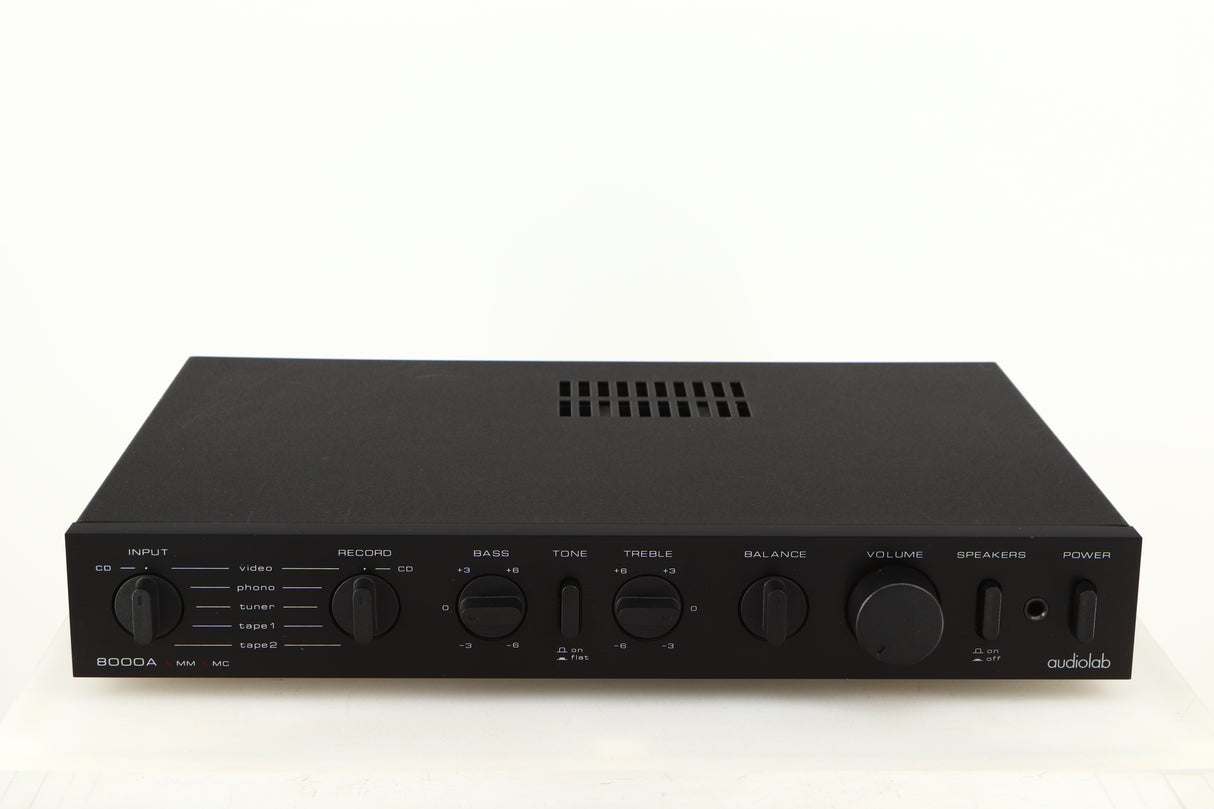 Front view of a used Audiolab 8000A Integrated Amplifier in a black finish