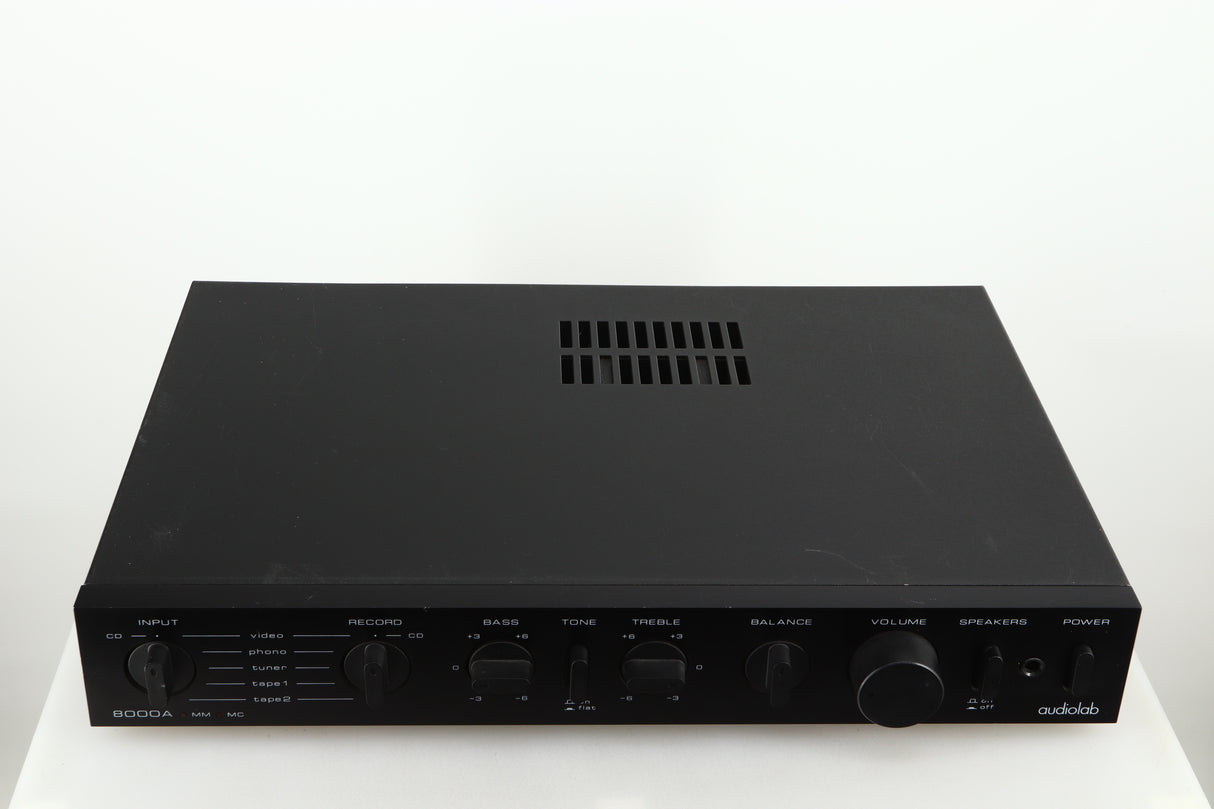 Top of a used Audiolab 8000A Integrated Amplifier in a black finish