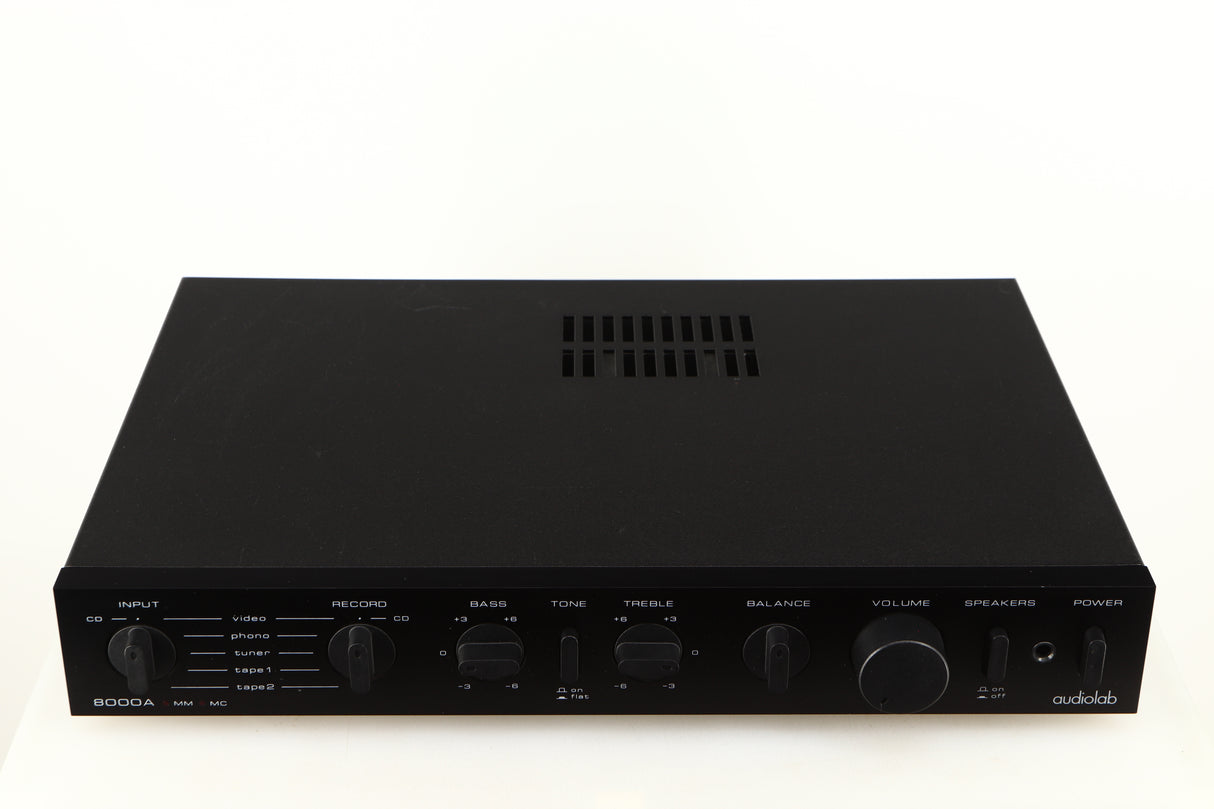 Top of a used Audiolab 8000A Integrated Amplifier in a black finish