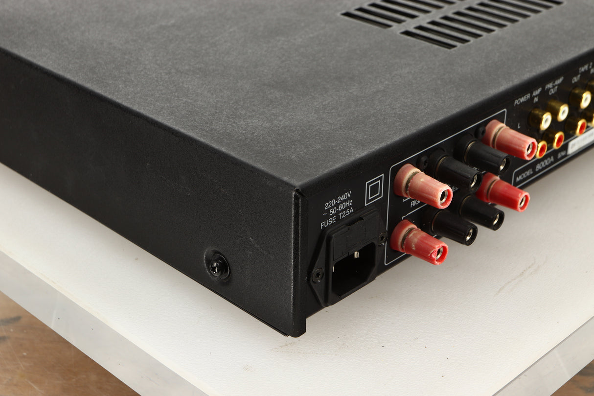 Rear left corner view of a used Audiolab 8000A Integrated Amplifier
