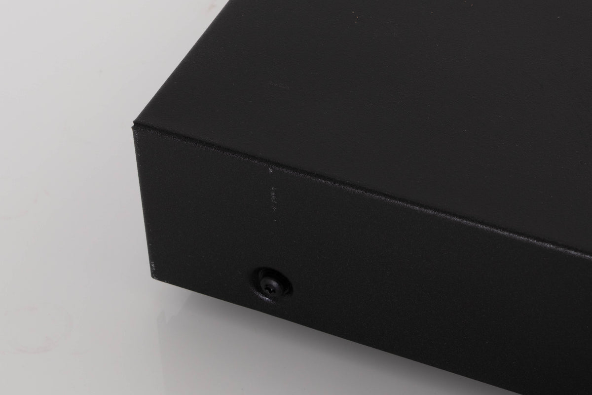 Close up of a used Audiolab 8000C Pre Amplifier in a Black finish showing marks on left side