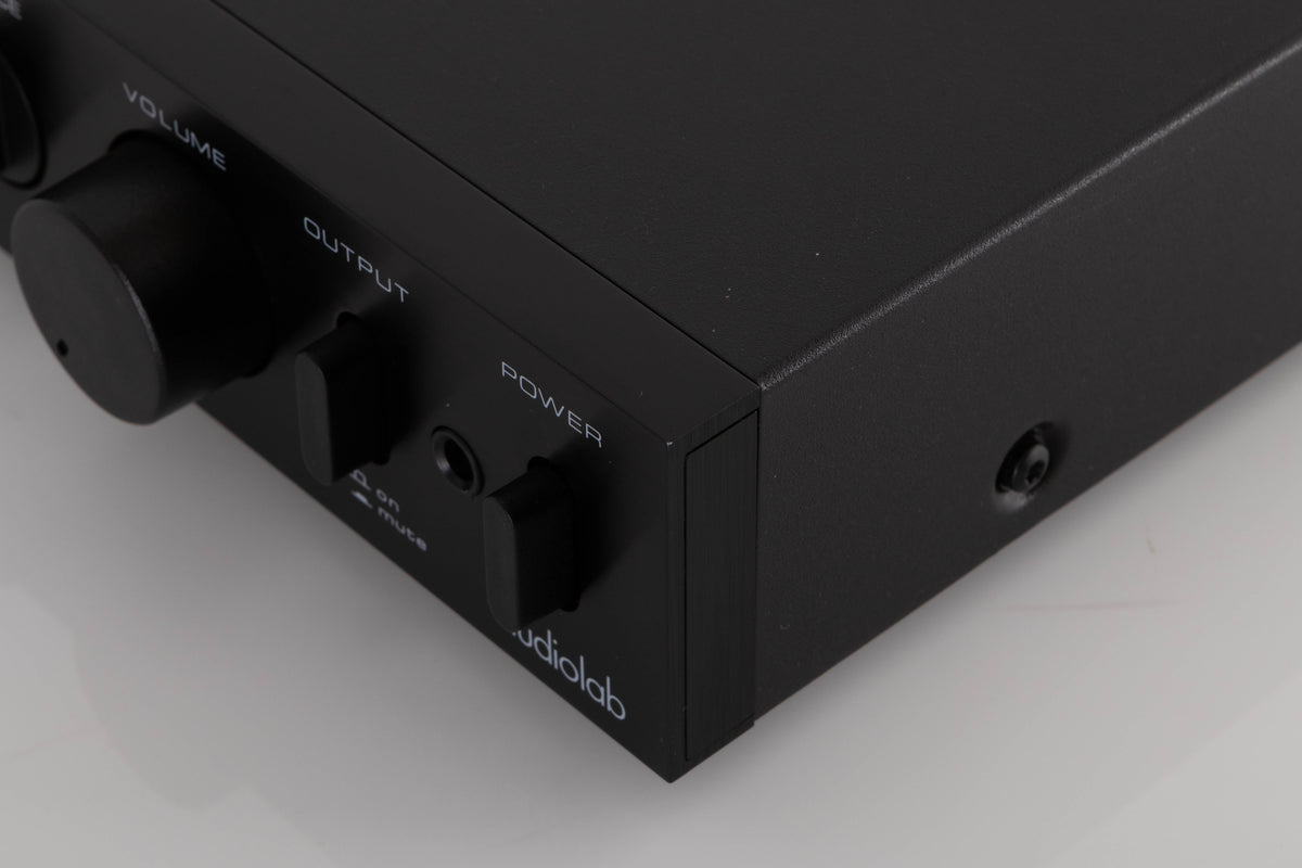 Front right corner of a used Audiolab 8000C Pre Amplifier in a Black finish