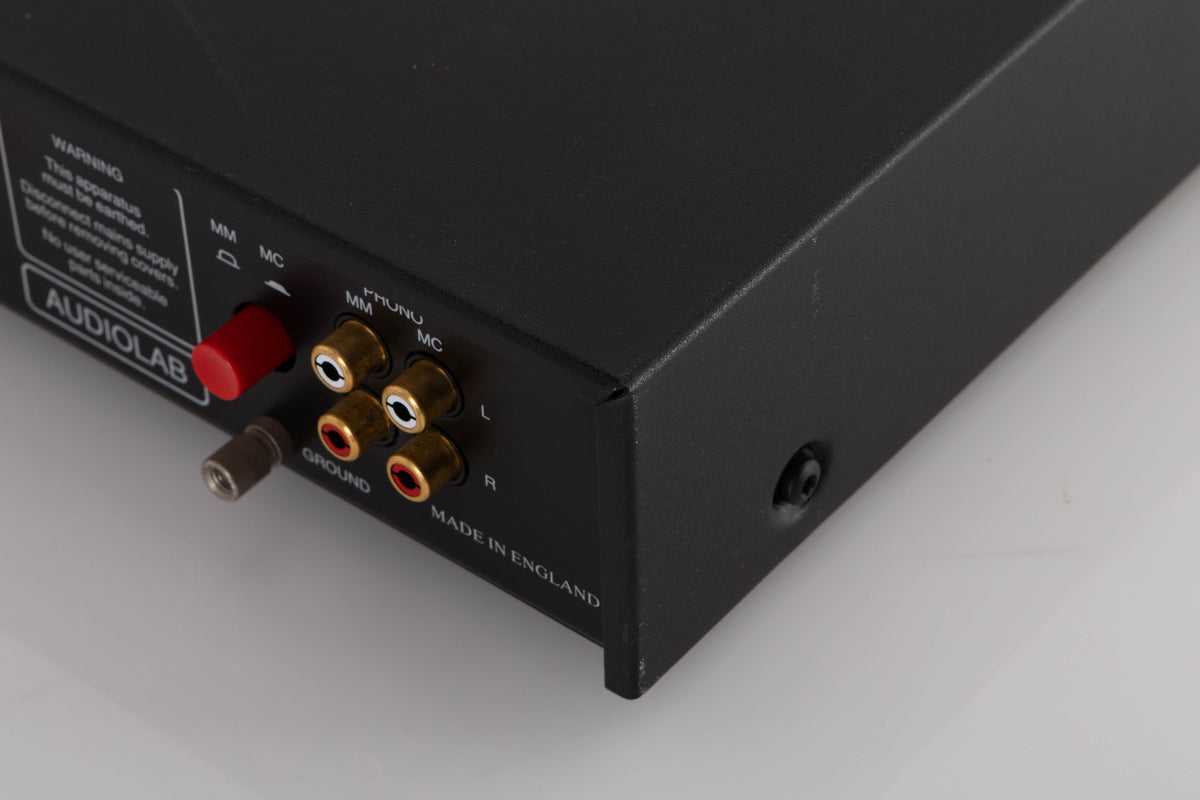 Rear left corner of a used Audiolab 8000C Pre Amplifier in a Black finish