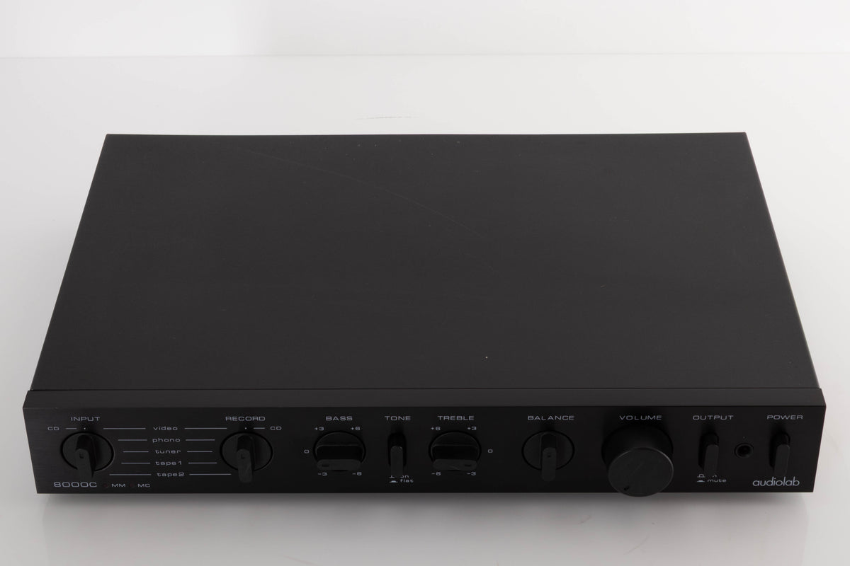 Top of a used Audiolab 8000C Pre Amplifier in a Black finish