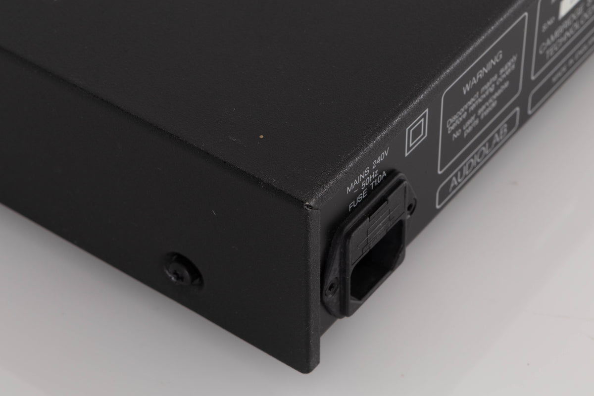 Rear right corner of a used Audiolab 8000DAC Digital Analogue Converter in a Black finish