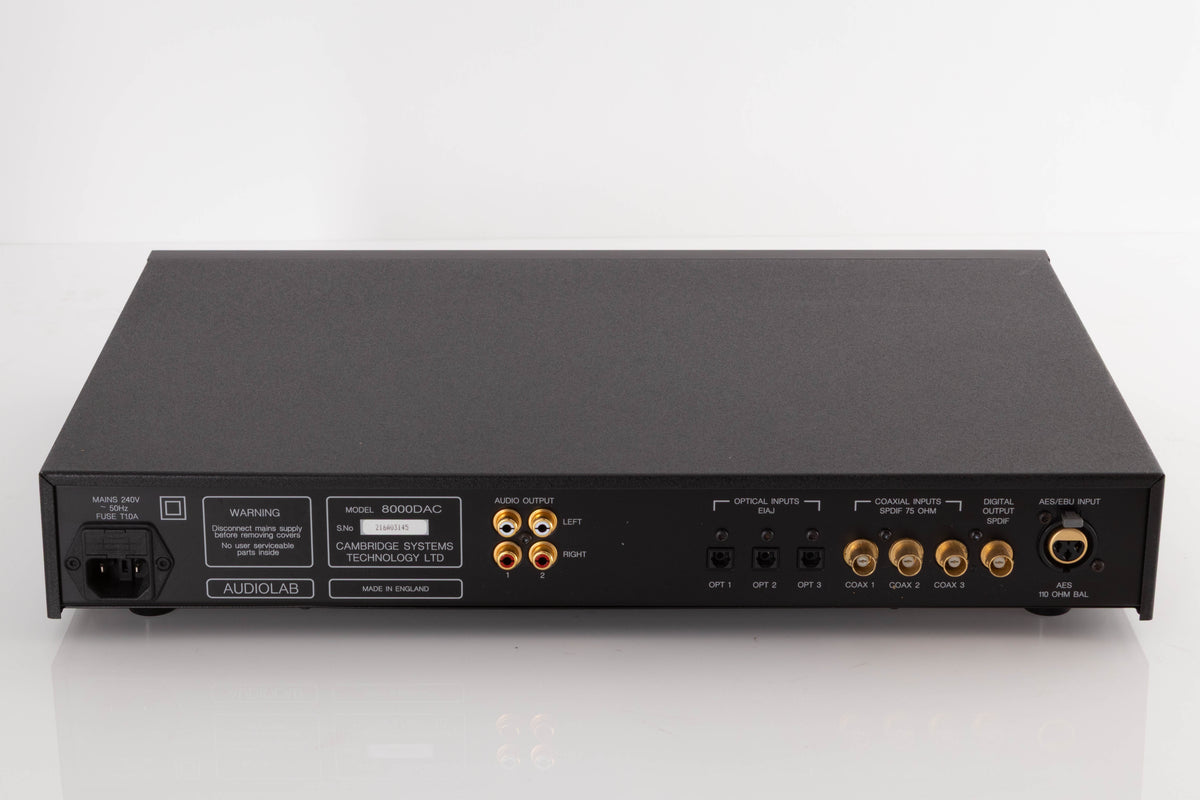 Rear view of a used Audiolab 8000DAC Digital Analogue Converter in a Black finish showing Audio Output, Mains Input, Optical Inputs, Coaxial Inputs and Digital Input