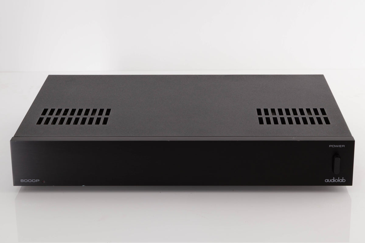 Front view of a used Audiolab 8000P Power Amplifier in a Black finish
