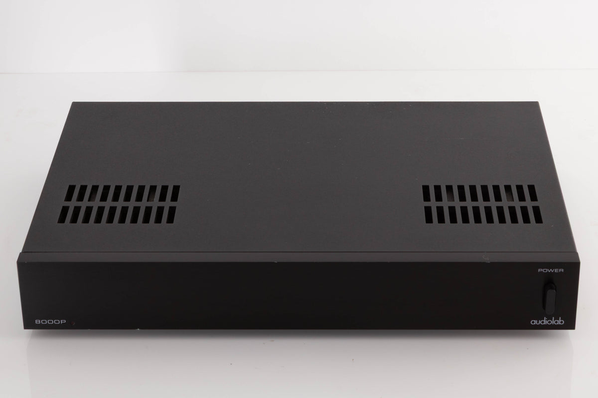 Top of a used Audiolab 8000P Power Amplifier in a Black finish