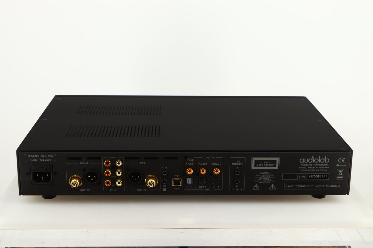 Rear view of a used Audiolab 8200CDQ CD Player in a black finish showing Mains Input, Optical Inputs, Phono Outputs, Phono Inputs and USB Input