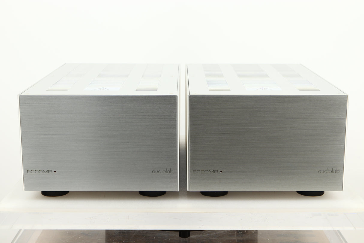 Front view of a pair of used Audiolab 8200MB Monoblock Power Amplifiers in Silver finish