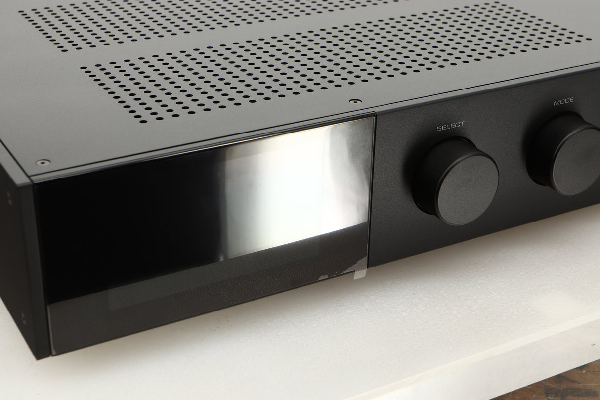 Close up view of a used Audiolab 9000A Integrated Amplifier in Black