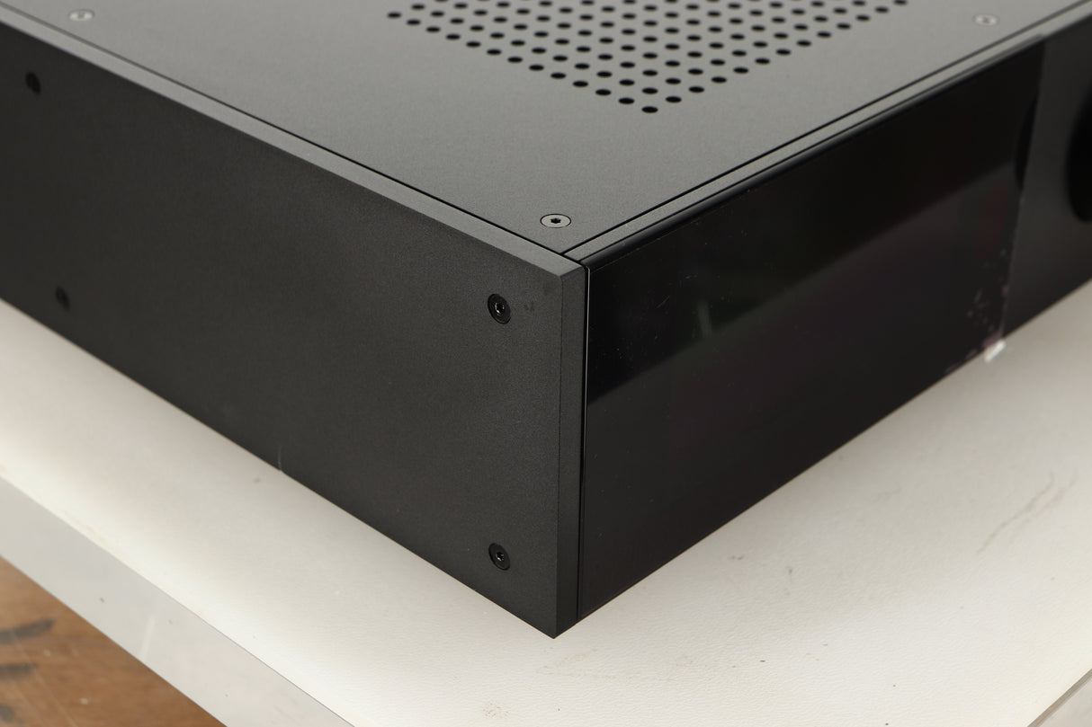 Front left corner view of a used Audiolab 9000A Integrated Amplifier in Black finish