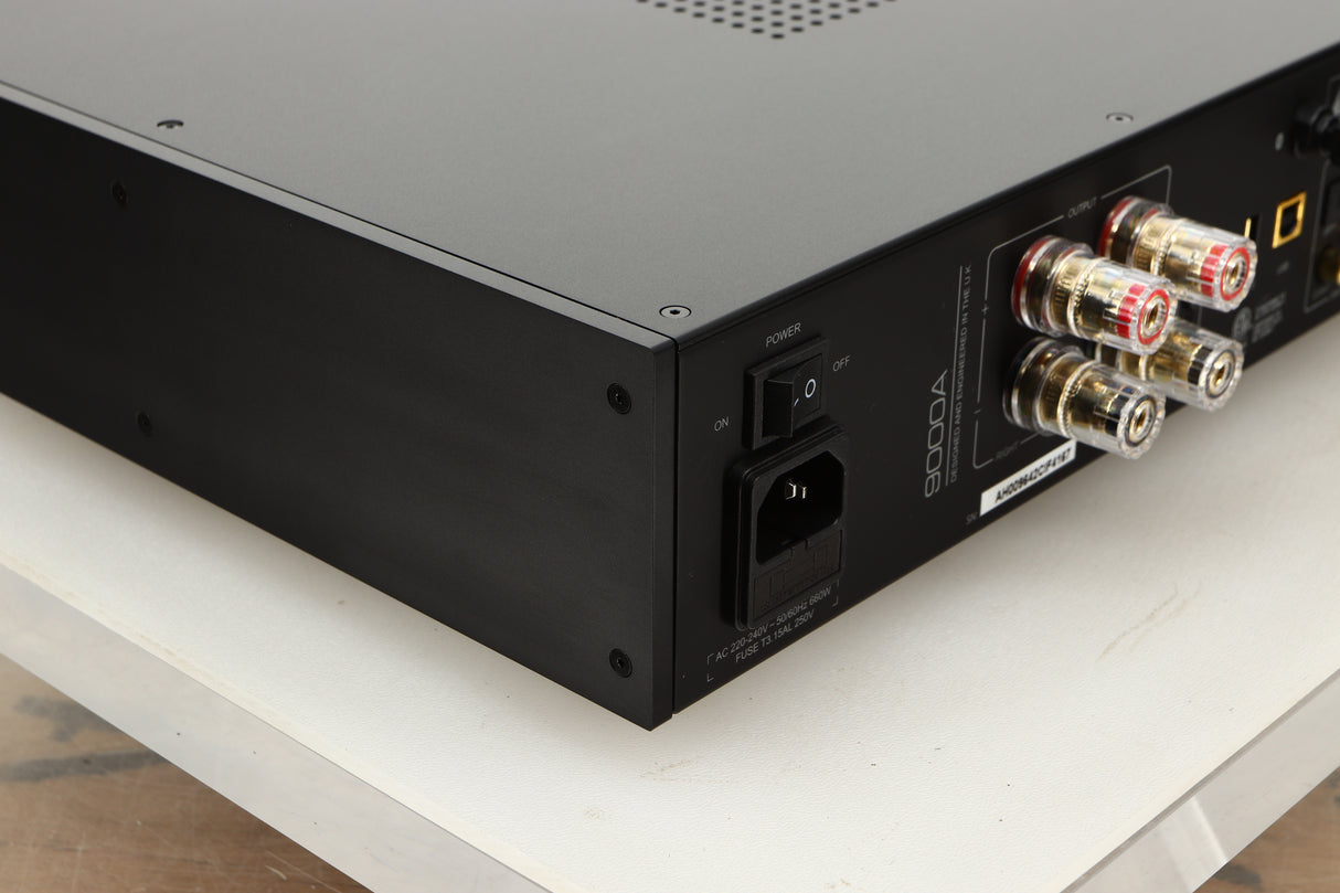 Rear left corner view of a used Audiolab 9000A Integrated Amplifier in Black