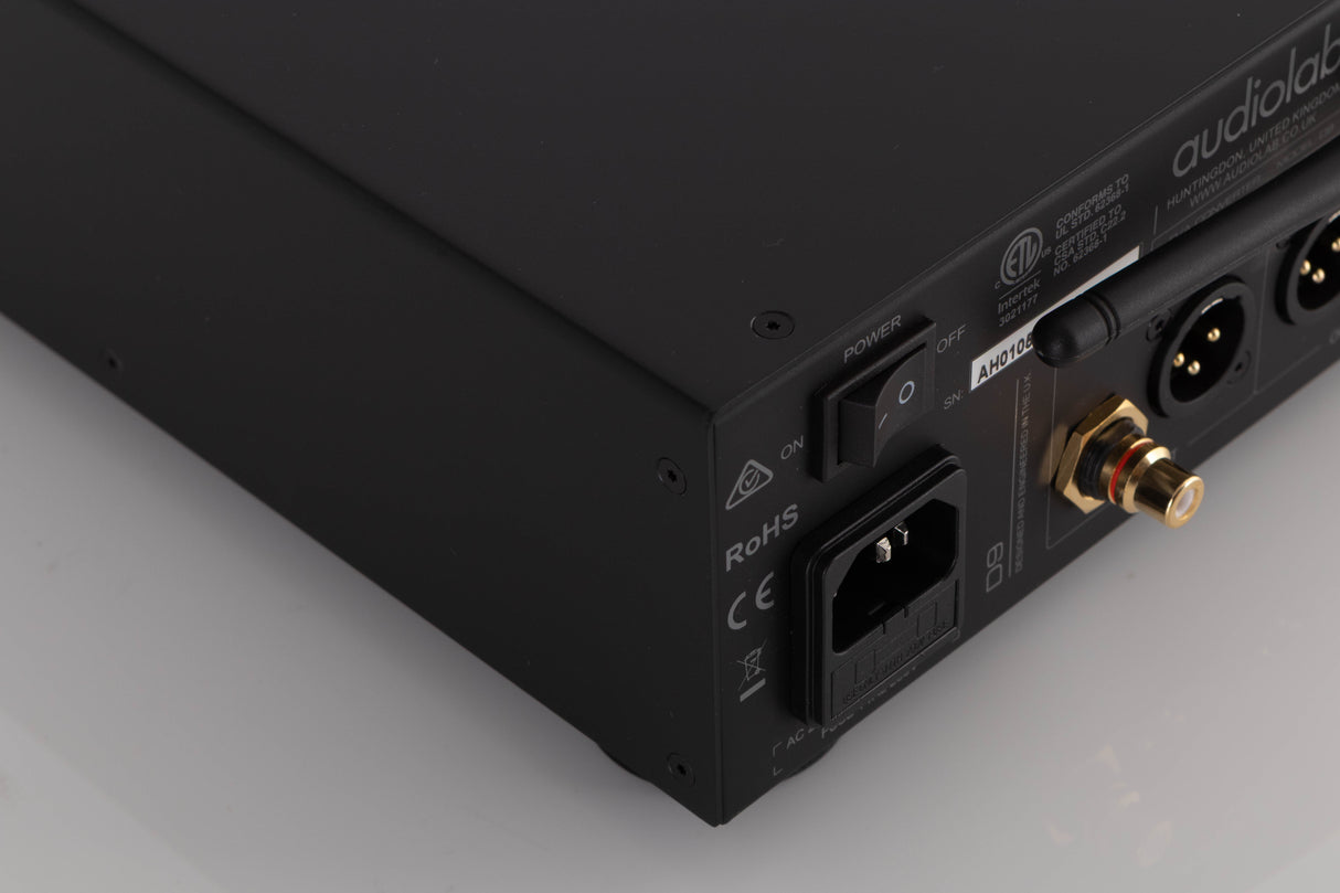 Rear right corner of a used Audiolab D9 Digital Analogue Converter in a Black finish
