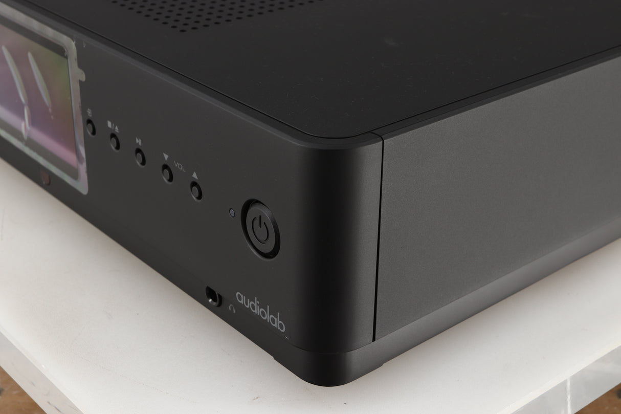 Front right corner of a used Audiolab Omnia Digital Integrated System in a black finish