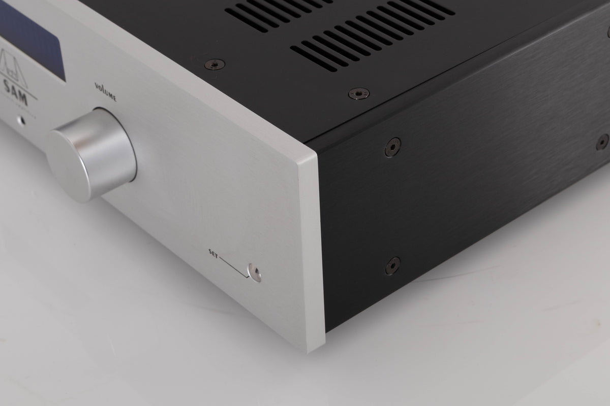 Front right corner of a used Audionet SAM Integrated Amplifier in a Silver finish