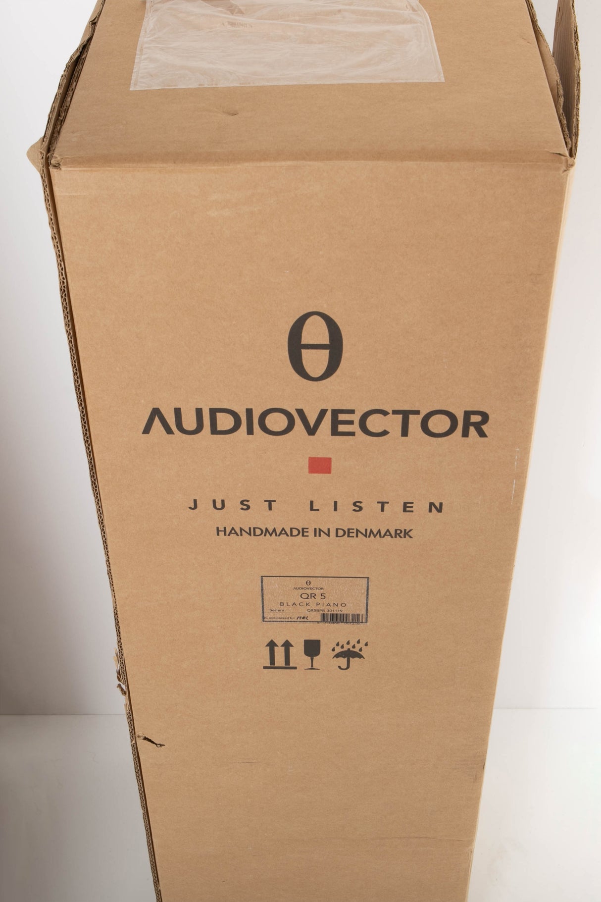 Box for a used Audiovector QR5 Floorstanding Speaker in a Gloss Black finish