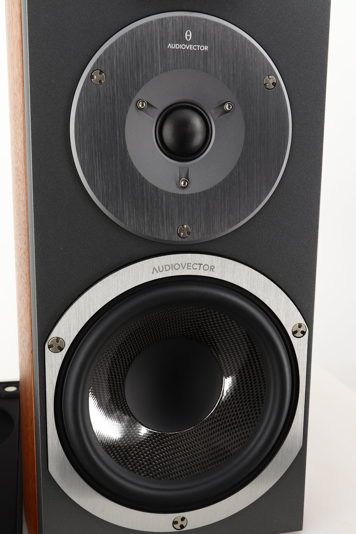 Close up view of a used Audiovector R1 Signature Standmount Speaker in Walnut finish