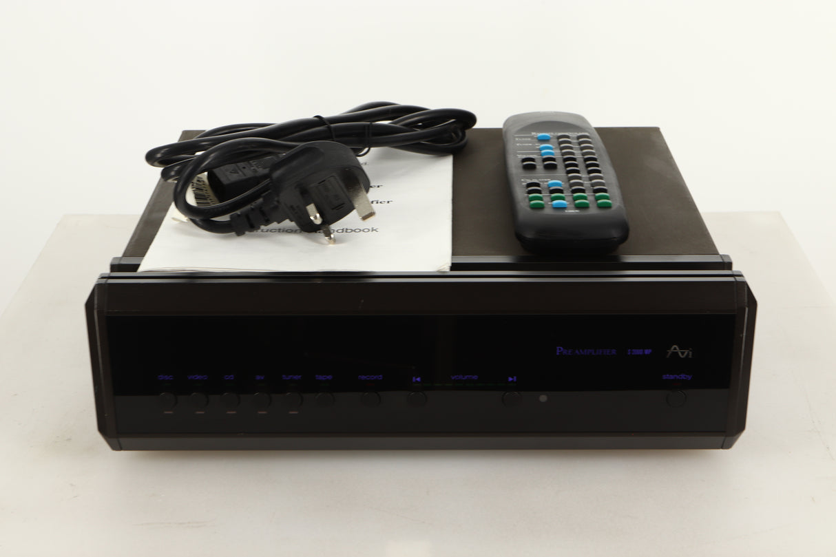 Front view of a used AVI S2000MP Pre Amplifier with mains cable, manual, and remote