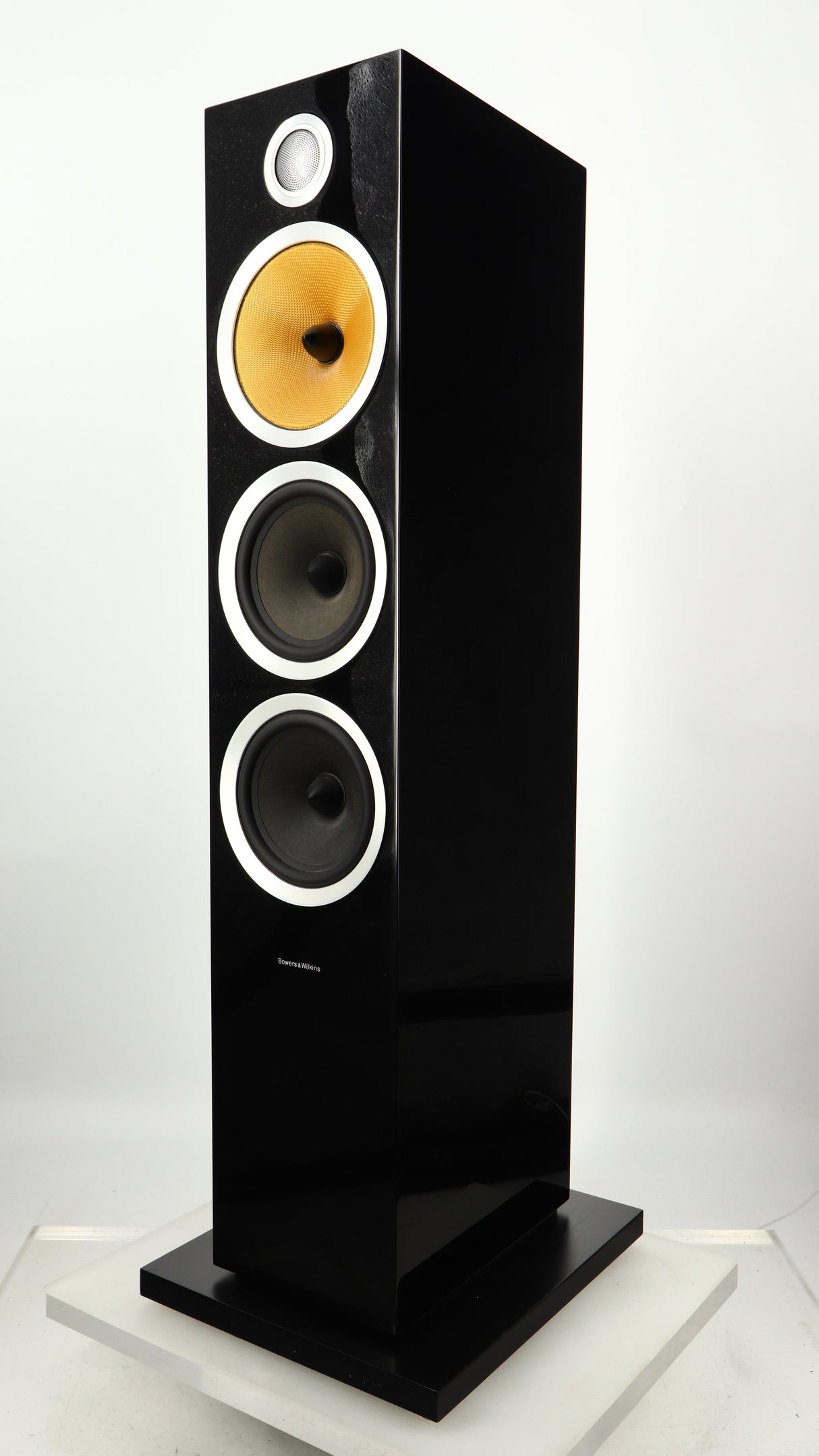 Front right corner of a used B&W CM9 S2 Floorstanding Speaker in a gloss black finish