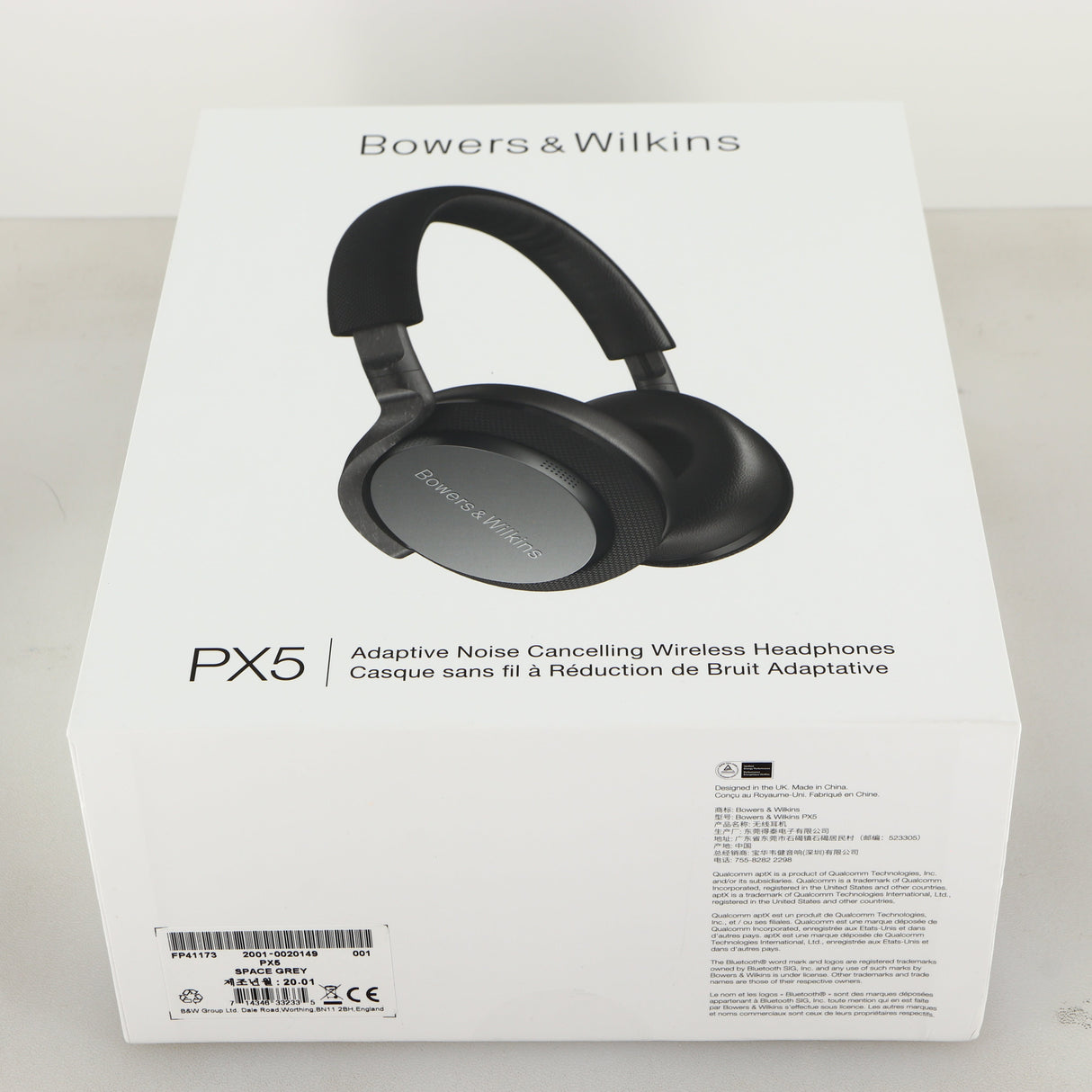 Box for used B&W PX5 Noise Cancelling Wireless Headphones in a space grey finish
