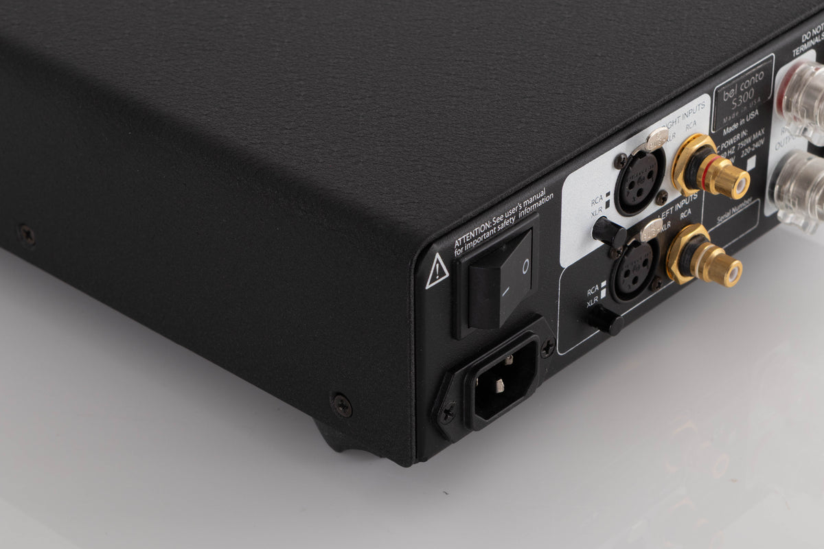 Rear left corner view of a used Bel Canto S300 Power Amplifier