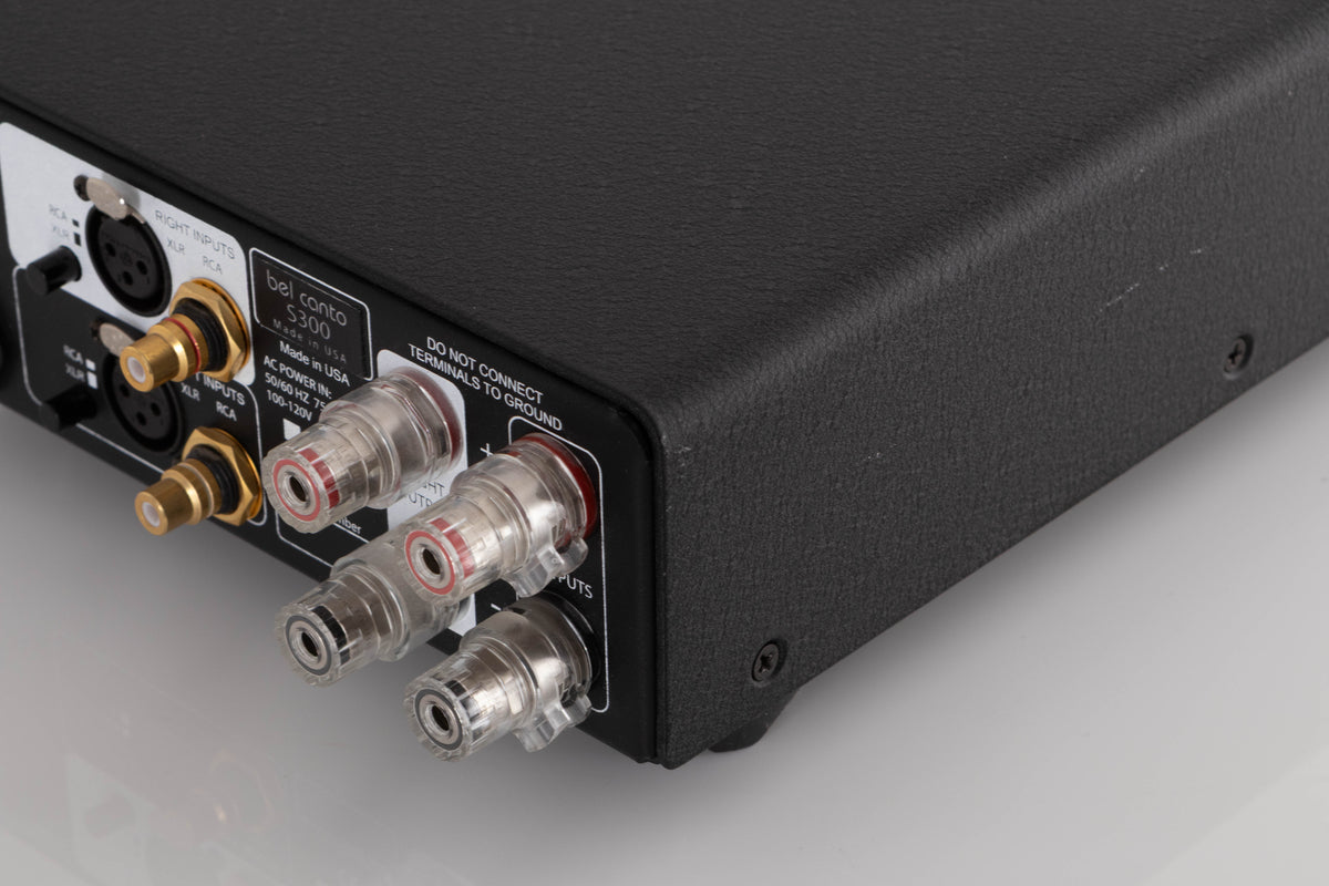 Rear right corner view of a used Bel Canto S300 Power Amplifier