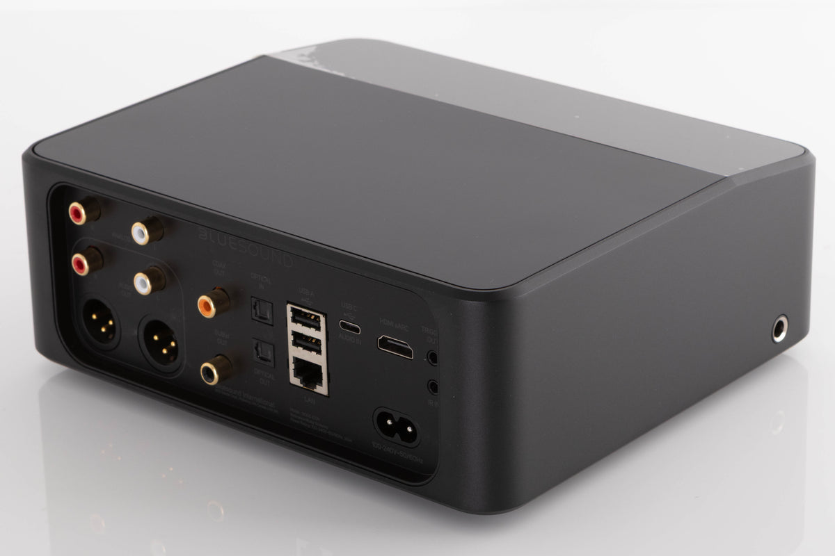 Rear left corner of a used Bluesound Node Icon Music Streamer in a Black finish