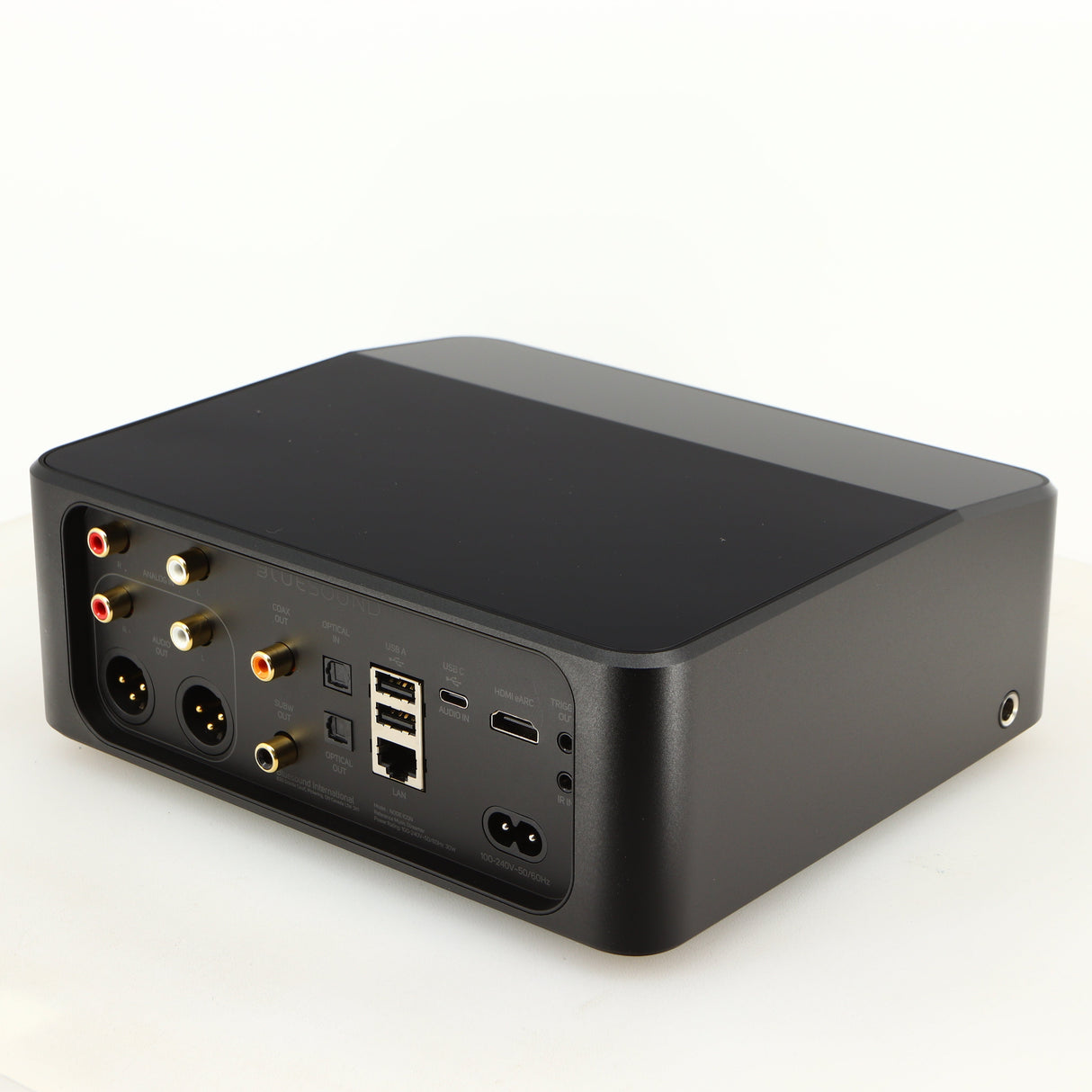 Rear left corner of a used Bluesound Node Icon Streamer in a black finish