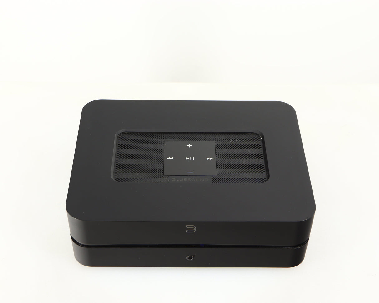Top of a used Bluesound Powernode 2i Streaming Amplifier in a black finish
