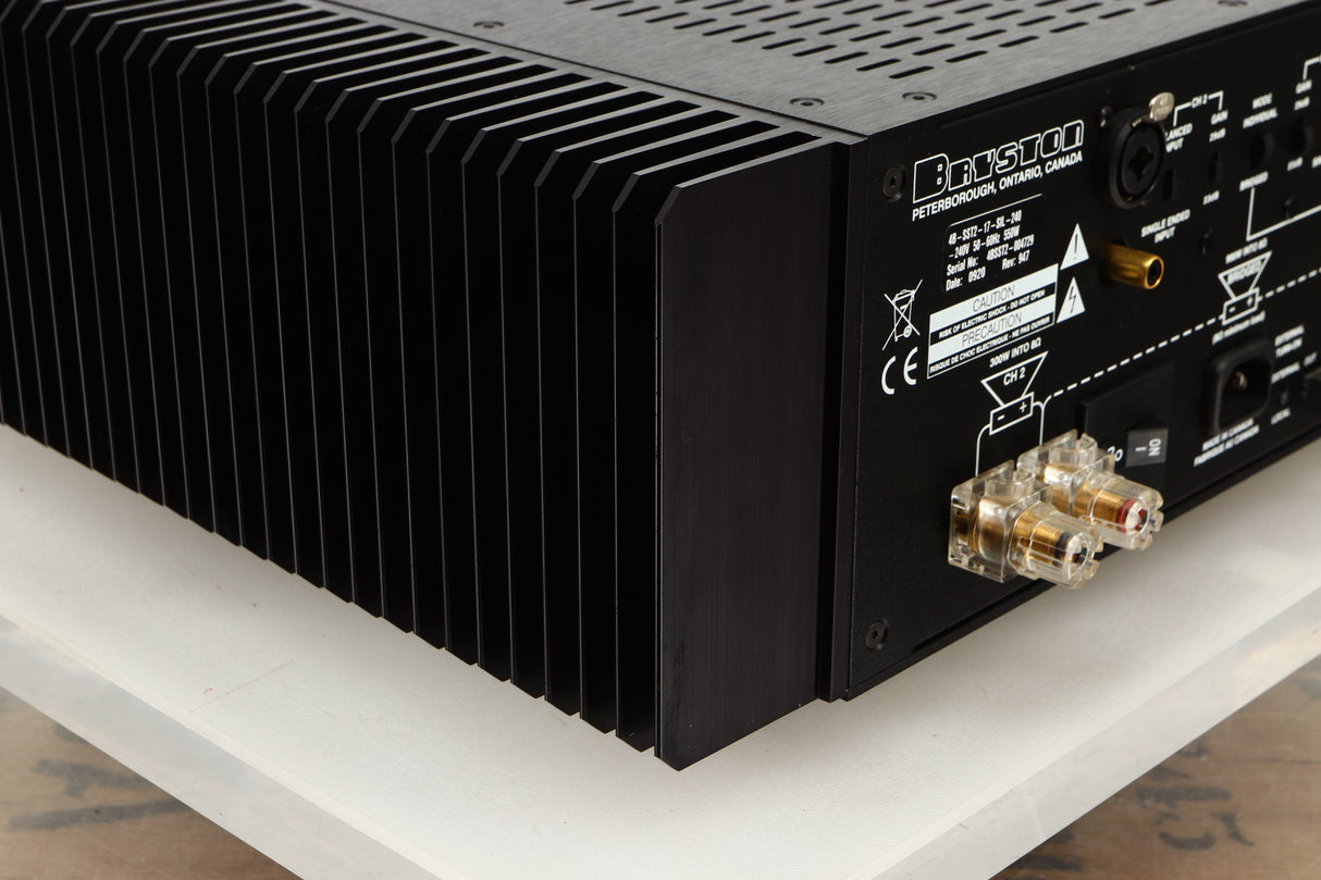 Rear left corner view of a used Bryston 4BSST2 Power Amplifier in Silver finish