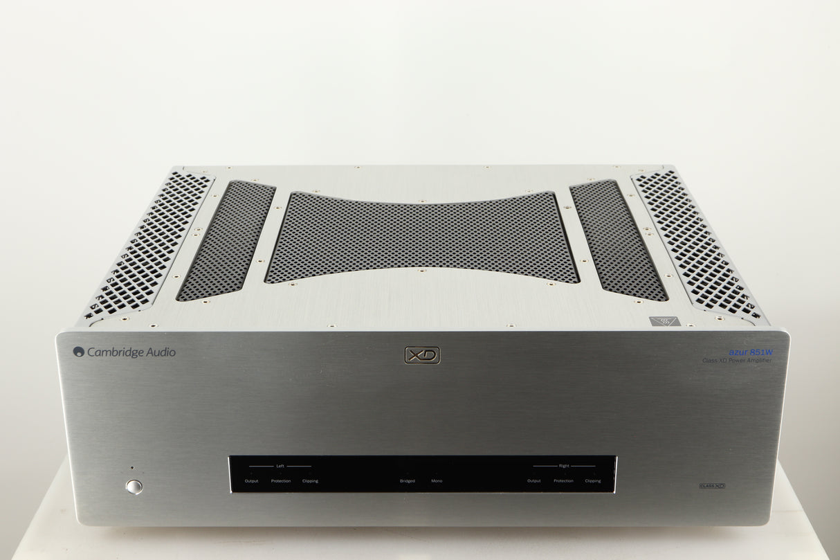 Top of a used Cambridge Audio 851W Power Amplifier in a silver finish