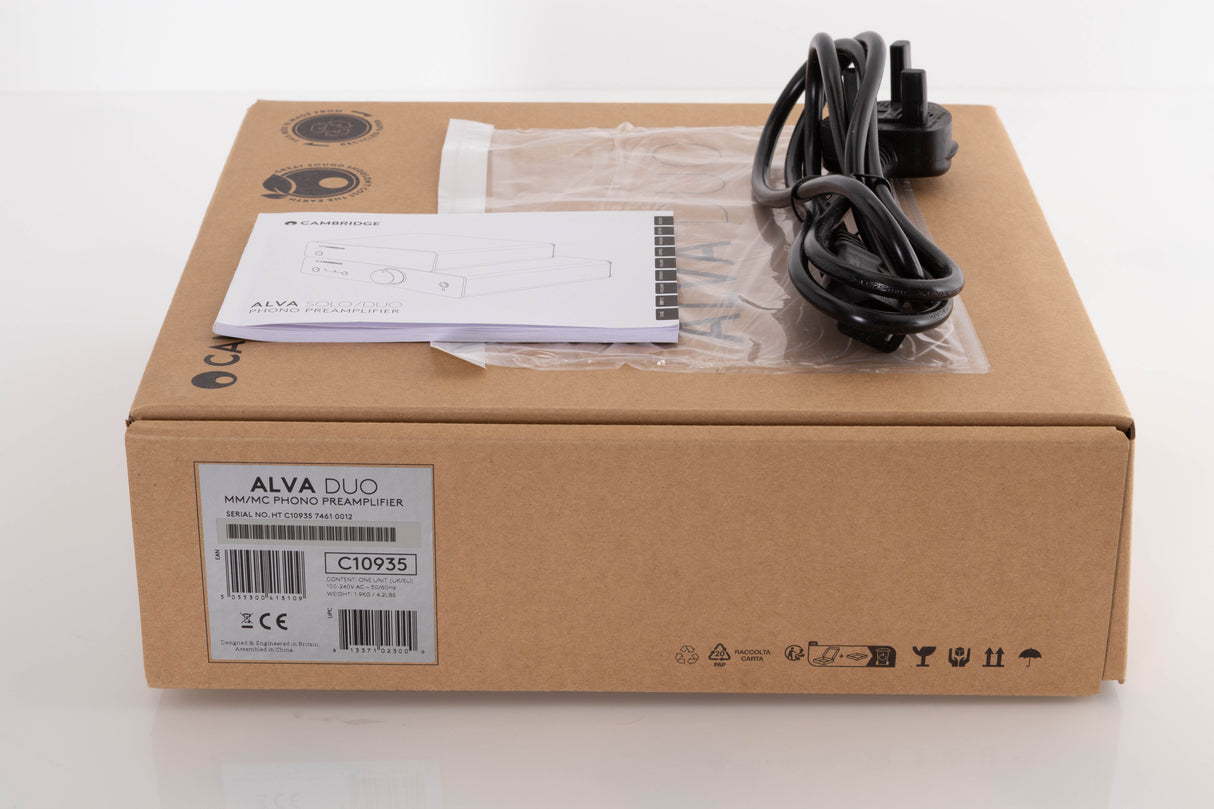 Box of a used Cambridge Audio Alva Duo Phonostage with mains cable, and manual